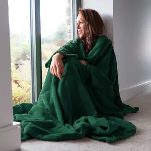 Racing Green Snug Rug Deluxe Blanket With Sleeves Luxury Cosy Super Soft Coral Fleece Fabric Long Oversized Pouch Pocket Adults