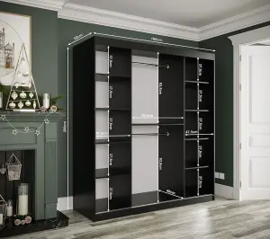 Elegant Black Geneva T2 Sliding Door Wardrobe W1800mm H2000mm D620mm - Mirrored Door, Gold Handles, Extensive Storage