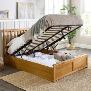 Wooden Ottoman Storage Bed in Natural, size Double