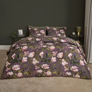 Floral Duvet Cover Quilt Bedding Set Reversible Pillowcase, Mauve - Superking