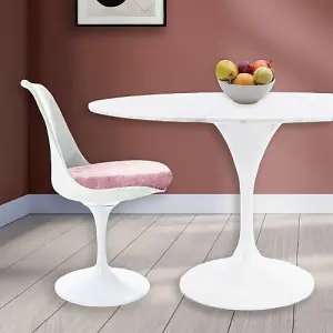 Tulip Set - Marble Large Circular Table and Six Chairs with Luxurious Cushion Light Pink