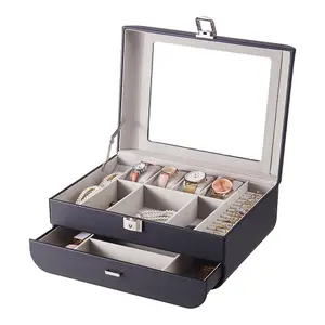 Sleek Black Faux Leather Jewelry Box with Transparent Lid