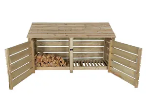 Slatted wooden log store with door W-227cm, H-126cm, D-88cm - natural (light green) finish