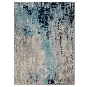 Modern Abstract Graphics Easy to Clean Blue Grey Abstract Rug for Dining Room-80cm X 150cm