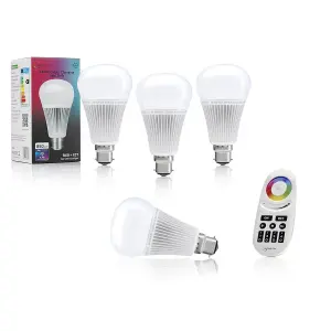 Auraglow 2.4Ghz RGB CCT Smart B22 LED Light Bulb - 70w EQV with 4 Zone Remote - 4 PACK