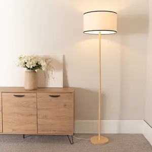 ValueLights Heather Light Wood Single Stem Floor Lamp with Natural Black Trim Fabric Drum Shade