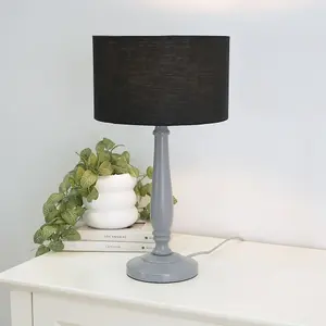 ValueLights Victoria Traditional Grey Wood Candlestick Table Lamp with Black Drum Shade - LED Bulb Included