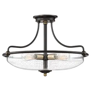 Elstead Quoizel Griffin Bowl Semi Flush Ceiling Light Palladian Bronze with Weathered Brass Accents