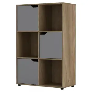 URBNLIVING 6 Cube Oak Wooden Bookcase Shelving Display Shelves Storage Unit Wood Shelf Grey Door