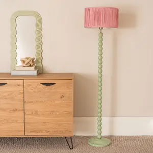 ValueLights Bobbins Sage Green Floor Lamp with Ruched Pleated Blush Pink Drum Shade and LED Bulb