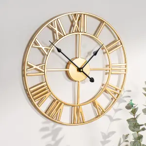 Large Wall Clock Roman Numerals Skeleton Big Open Round Face, Gold