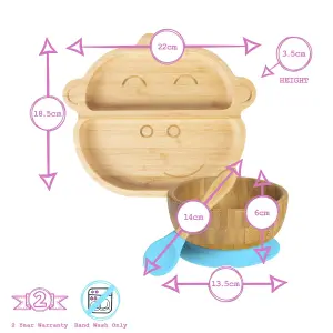 Tiny Dining - Monkey Bamboo Suction Baby Feeding Set - Blue - 4pc