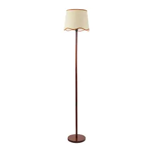 ValueLights Heather Dark Wood Single Stem Floor Lamp with Scallop Rust Trim Tapered Shade