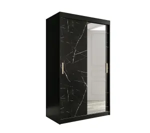 Sleek Black Geneva T2 Sliding Door Wardrobe W1200mm H2000mm D620mm - Stylish Design, Mirrored Door, Gold Handles