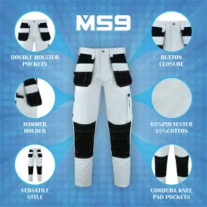 MS9 Men's Work Cargo Trousers Pants Jeans Comes with Multi Functional Pockets T5, White - 34W/30L