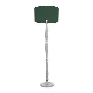 ValueLights Victoria Traditional Grey Wood Candlestick Floor Lamp with Forest Green Drum Shade