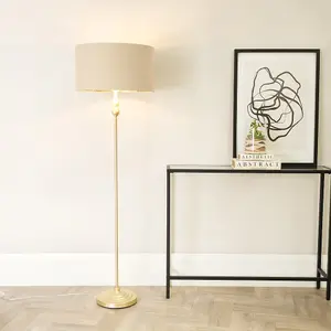 ValueLights Maggie Gold Metal Candlestick Floor Lamp with Beige and Metallic Gold Lamp Shade