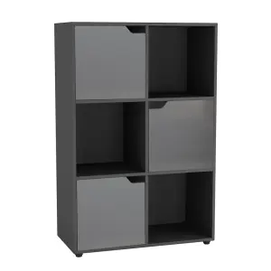 URBNLIVING 6 Cube Black Wooden Bookcase Shelving Display Shelves Storage Unit Wood Shelf Grey Door