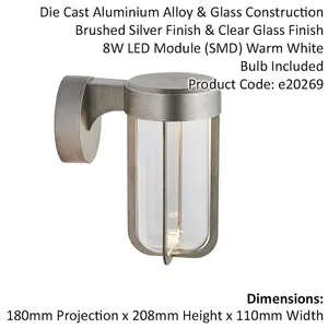 Brushed Silver Outdoor Wall Light with Glass Shade - IP44 Rated - Integrated LED