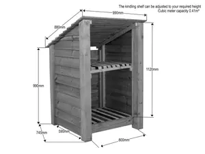 Wooden log store (roof sloping back) with kindling shelf W-99cm, H-126cm, D-88cm - brown finish