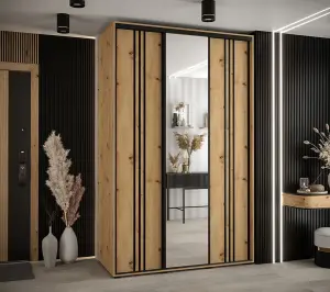 Charming Oak Artisan Cannes VII Sliding Wardrobe H2050mm W1500mm D600mm with Customisable Black Steel Handles