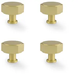 4 PACK - Industrial Hex Cabinet Door Knob - 40mm Satin Brass Cupboard Pull Handle