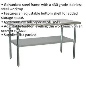 1.5m Stainless Steel Work Bench with Adjustable Shelf for Kitchen and Workshop Use