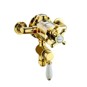 ENKI Downton English Gold White Traditional Bottom Outlet Brass Thermostatic Twin Shower Valve 1/2"