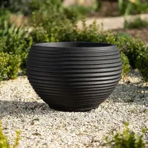 Primrose Black Round Flower Planter Pot Bowl Fibrestone Weather Resistant Plastic 54cm