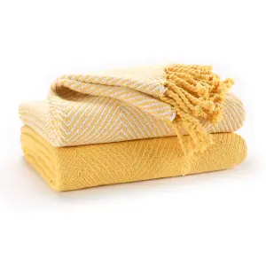 EHC Luxury Pack of 2 Chevron Cotton Single Sofa Throw Blanket, 125x 150cms - Yellow