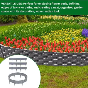 Flexible Grey Rattan Effect Lawn Edging 2.4m - Flexible Plastic Garden Border Easy Install Edging for Grass, Gravel and Landscape