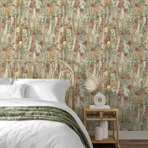 Grandeco Handpainted Delphinium Forest Floral Garden Textured Wallpaper, Sage Green Neutral