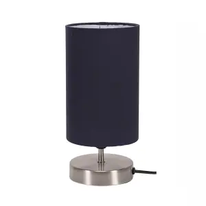 ValueLights Francis Brushed Chrome Cylinder Touch Dimmer Table Lamp with Navy Blue Fabric Shade Bedside Light - LED Bulb Included