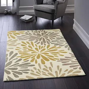 Beige Grey Wool Floral Handmade Easy to Clean Rug for Living Room and Bedroom-80cm X 150cm