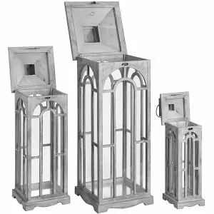 Set Of Three Wooden Lanterns With Archway Design - L31 x W31 x H104 cm