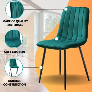 Set of 2 Green Dining Chairs (87x49.5x58.5cm) Cushioned Pad Seat & Solid Metal Black Legs - Velvet Upholstered Living Room Chairs