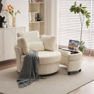 Chenille Swivel Armchair with 3 Back Cushion Pillow Ottoman Crescent Stool, Ivory 