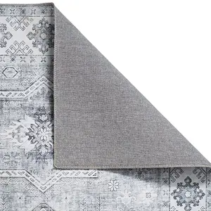 Silver Traditional Rug Persian Geometric Bordered Rug for Living Room Bedroom and Dining Room-60 X 225cm (Runner)