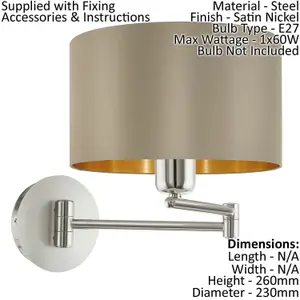 Wall Light Satin Nickel Moveable Stem Shade Taupe Gold Fabric Bulb E27 1x60W