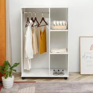 HOMCOM Rolling Open Wardrobe Hanging Rail Storage Shelves for Clothes, White