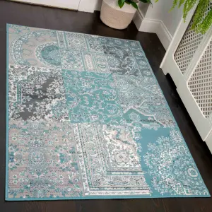 Aqua Blue Grey Traditional Patchwork Living Room Rug 240x330cm