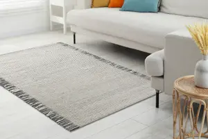 Wool carpet TAHAR 99003F cream / grey - HAND-WOVEN Lines, fringes 90x150 cm