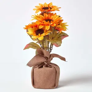 Homescapes Yellow and Golden Artificial Sunflower Arrangement in Burlap Pot