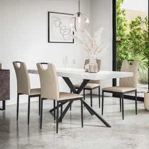 Donni Dining Table And Chairs -  White Marble Effect Table Top w Black Legs + Monza Faux Leather Dining Chair Set Of 6 (Beige)