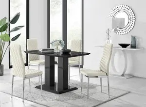 Furniturebox Imperia 4 Modern Black High Gloss Dining Table and 4 Cream Velvet Milan Chairs