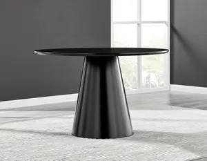 Furniturebox UK Palma Black Semi Gloss Round Pedestal Dining Table & 4 Black Velvet Calla Black Leg Chairs