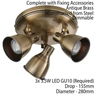 LED Tilting Ceiling Spotlight Antique Brass Triple 3x Bulb Dimmable Downlight