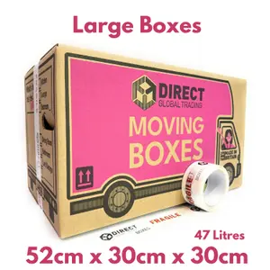 30 Strong Large Cardboard Storage Packing Moving House Boxes with Fragile Tape 52cm x 30cm x 30cm 47 Litres Carry Handles and Room