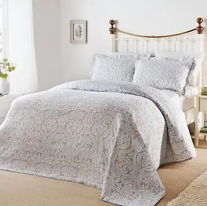 Bella Grey White Brocade Jacquard Cotton Rich Matelasse Bedspread (Single)