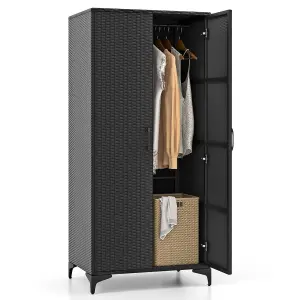 COSTWAY PE Rattan Wardrobe 157 cm Wicker Armoire Closet w/ Hanging Rod